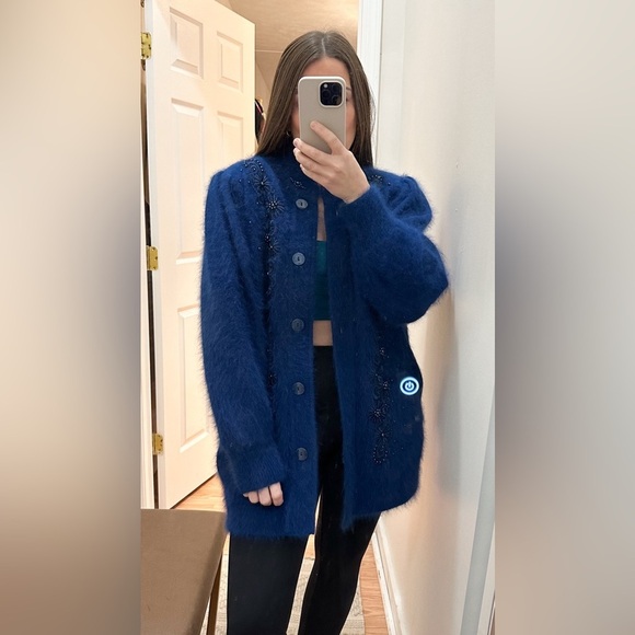 Vintage Lee Sands Angora Rabbit Beaded Floral Embroidered Fuzzy Cardigan Blue - Picture 2 of 11